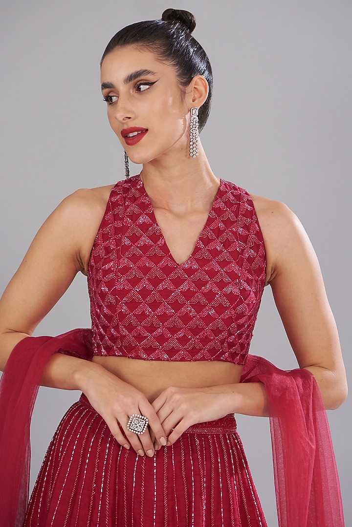 Red Raw Silk Embellished Bridal Lehenga Set by Disha Patil at Pernia's Pop Up Shop