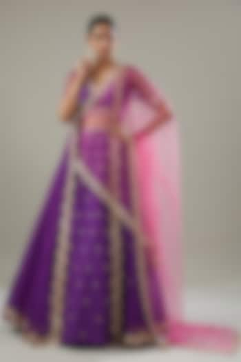 Purple Raw Silk & Net Jacket Wedding Lehenga Set by Disha Patil at Pernia's Pop Up Shop