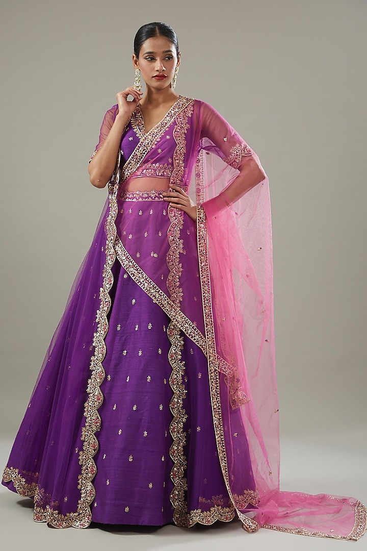 Purple Raw Silk & Net Jacket Wedding Lehenga Set by Disha Patil at Pernia's Pop Up Shop