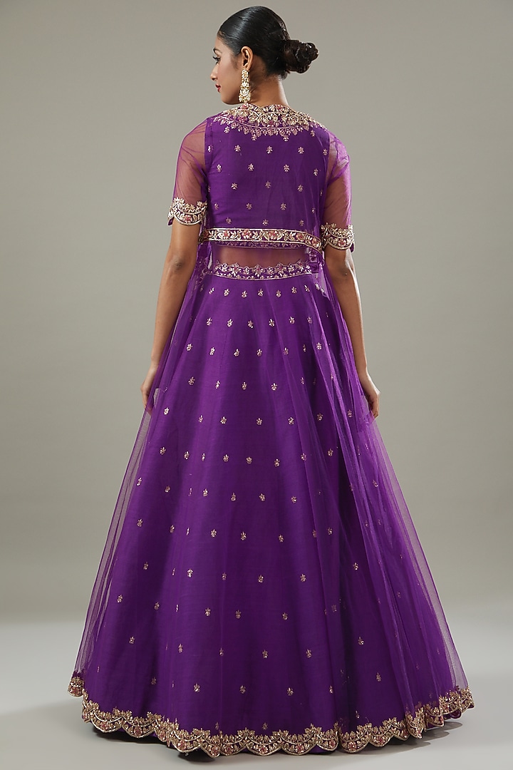Purple Raw Silk & Net Jacket Wedding Lehenga Set by Disha Patil at Pernia's Pop Up Shop