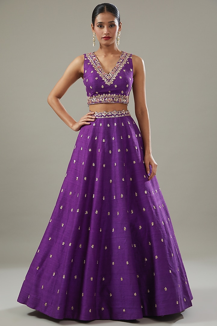 Purple Raw Silk & Net Jacket Wedding Lehenga Set by Disha Patil at Pernia's Pop Up Shop