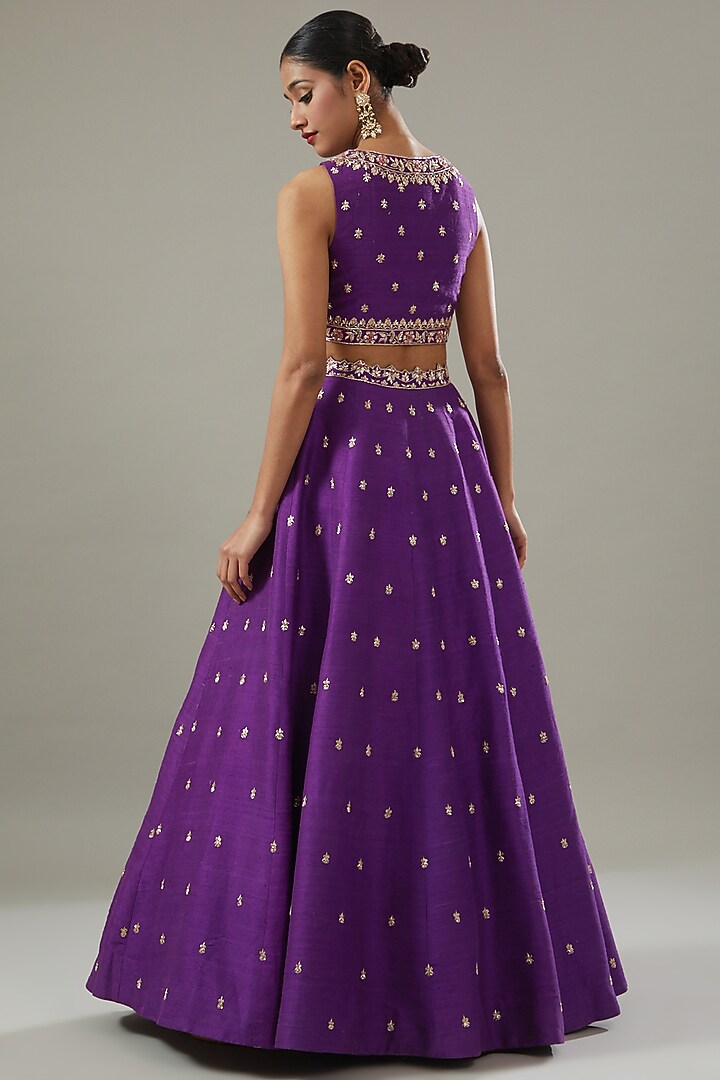 Purple Raw Silk & Net Jacket Wedding Lehenga Set by Disha Patil at Pernia's Pop Up Shop