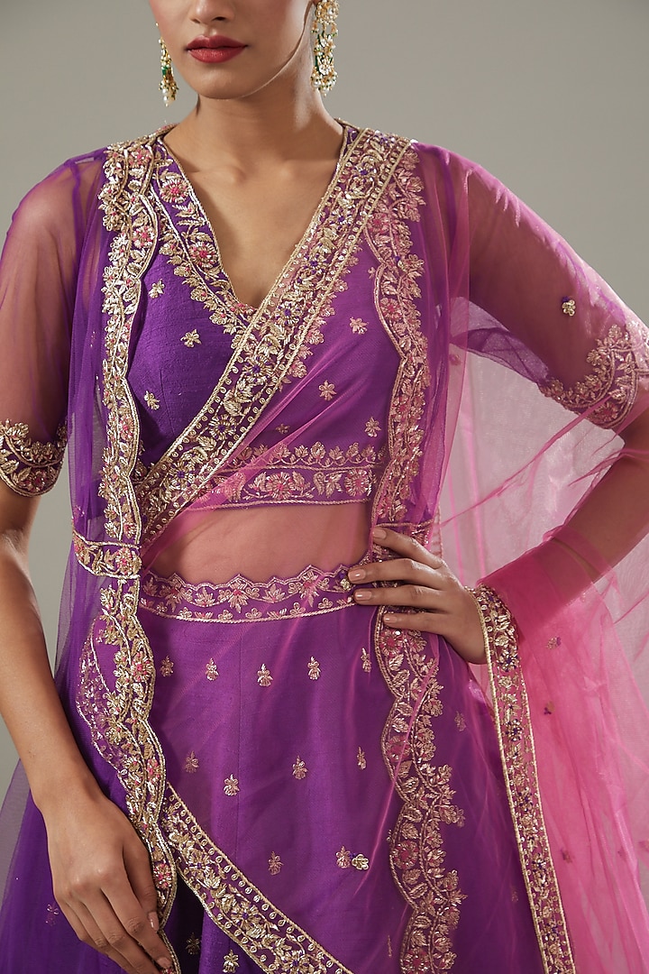 Purple Raw Silk & Net Jacket Wedding Lehenga Set by Disha Patil at Pernia's Pop Up Shop