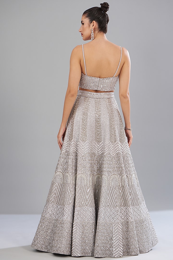 Grey Raw Silk Embellished Bridal Lehenga Set by Disha Patil at Pernia's Pop Up Shop