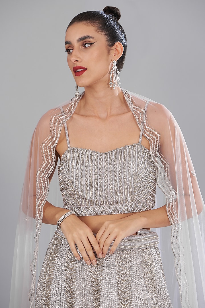 Grey Raw Silk Embellished Bridal Lehenga Set by Disha Patil at Pernia's Pop Up Shop