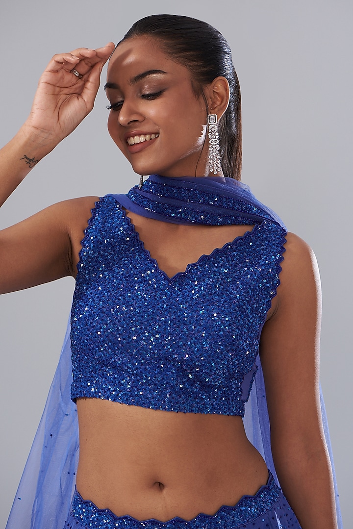 Blue Dupion Hand Embellished Wedding Lehenga Set by Disha Patil at Pernia's Pop Up Shop