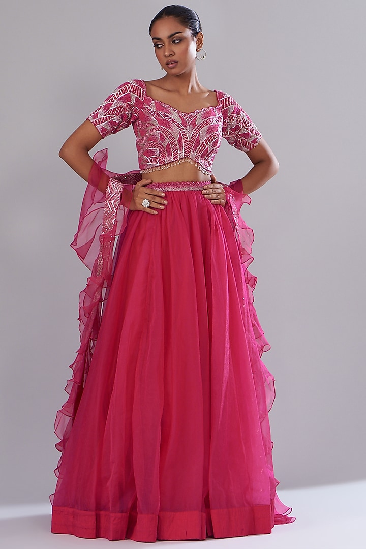 Cherry Red Organza Embroidered Wedding Lehenga Set by Disha Patil at Pernia's Pop Up Shop