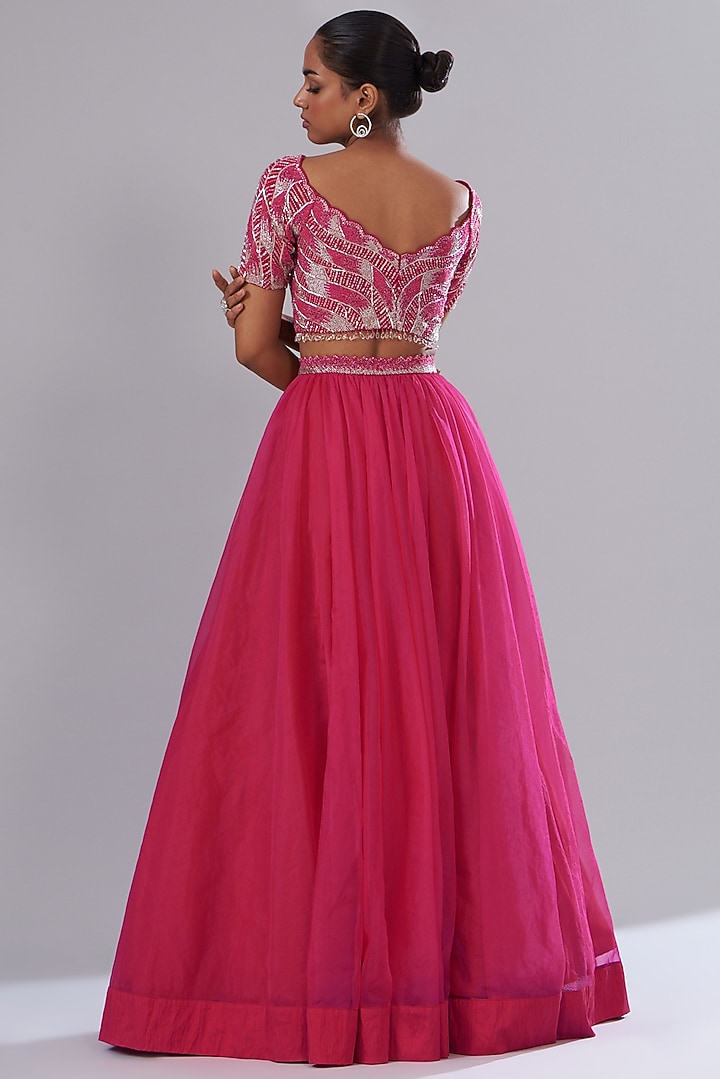Cherry Red Organza Embroidered Wedding Lehenga Set by Disha Patil at Pernia's Pop Up Shop