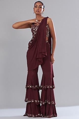 Wine Crepe & Raw Silk Embroidered Draped Saree Set by Disha Patil