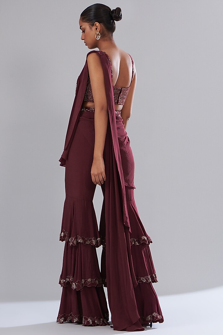 Wine Crepe & Raw Silk Embroidered Draped Wedding Saree Set by Disha Patil at Pernia's Pop Up Shop
