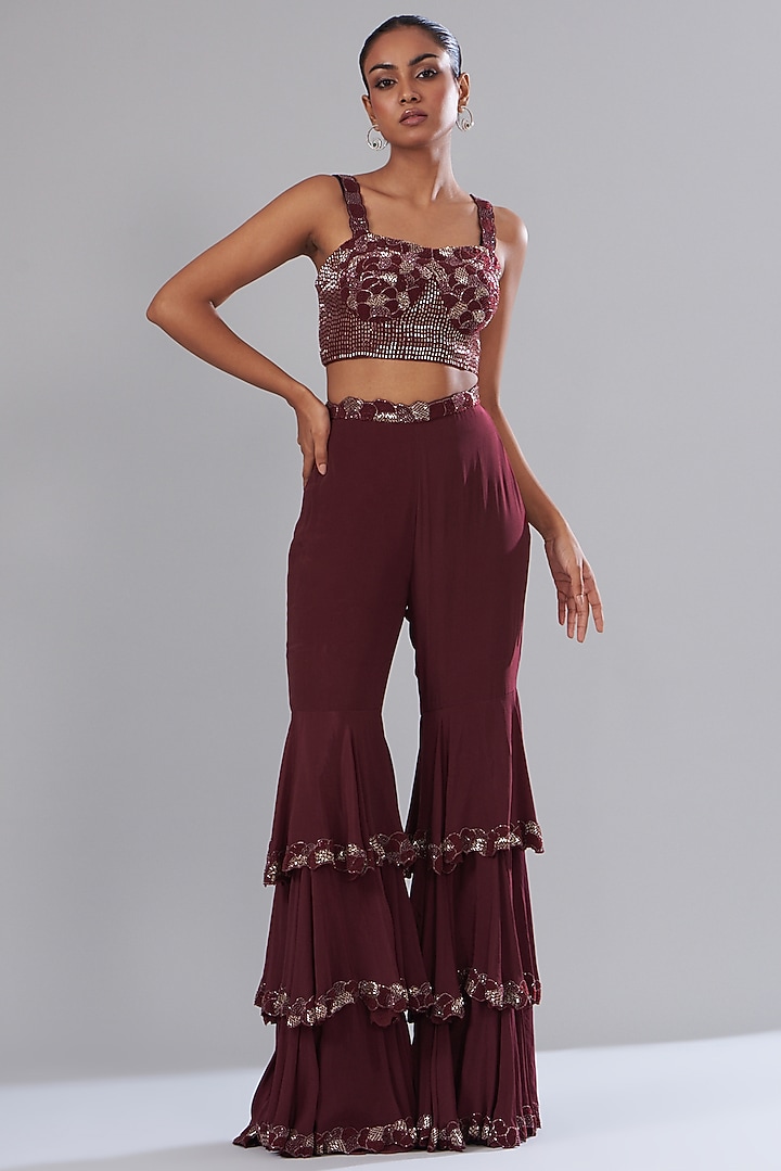 Wine Crepe & Raw Silk Embroidered Draped Wedding Saree Set by Disha Patil at Pernia's Pop Up Shop