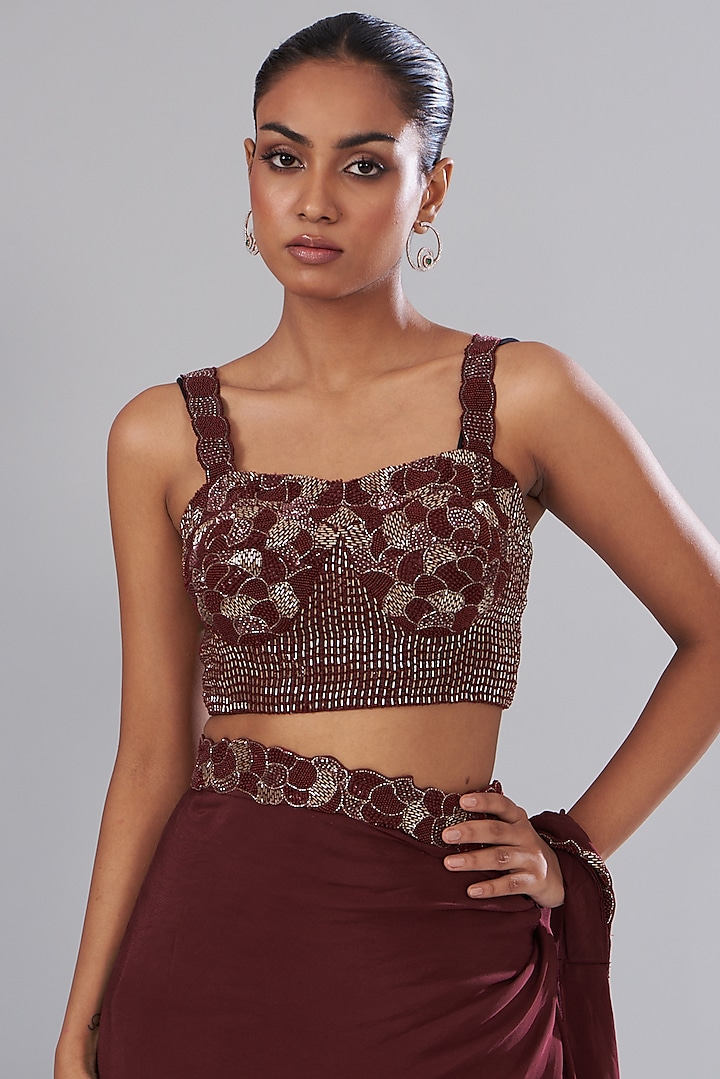 Wine Crepe & Raw Silk Embroidered Draped Wedding Saree Set by Disha Patil at Pernia's Pop Up Shop