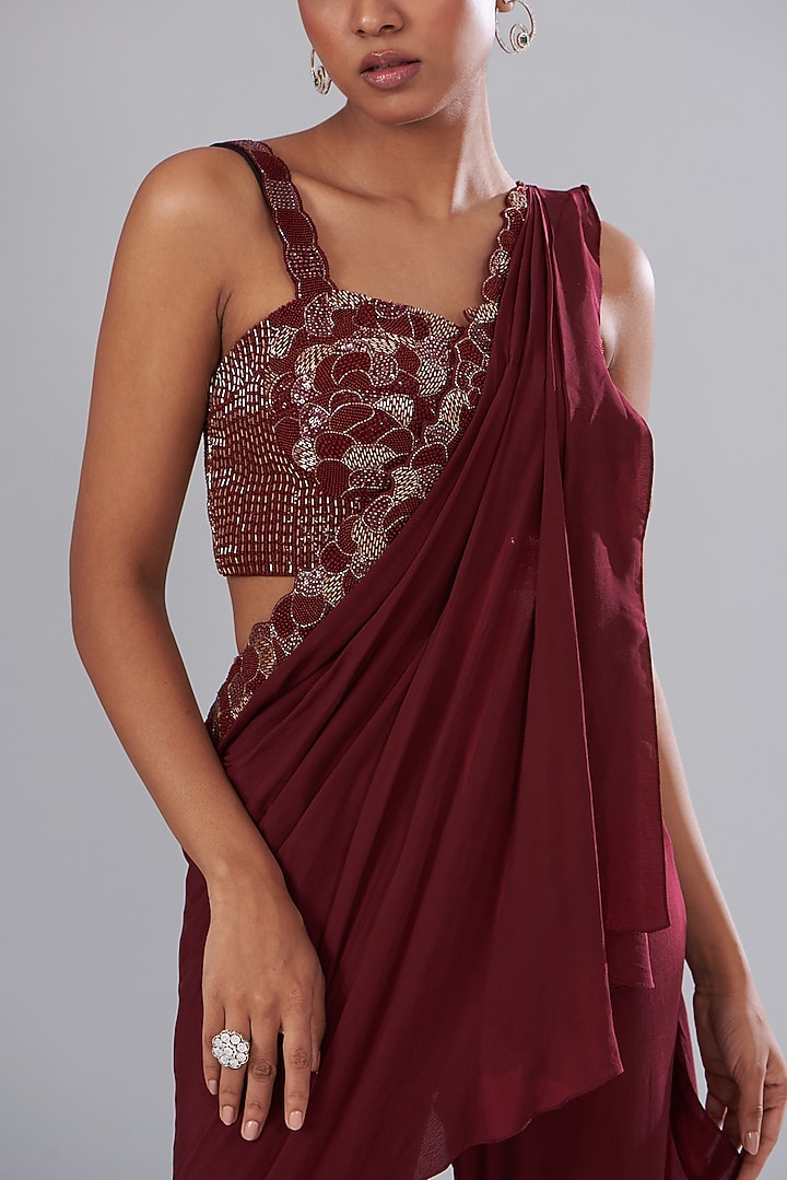 Wine Crepe & Raw Silk Embroidered Draped Wedding Saree Set by Disha Patil at Pernia's Pop Up Shop
