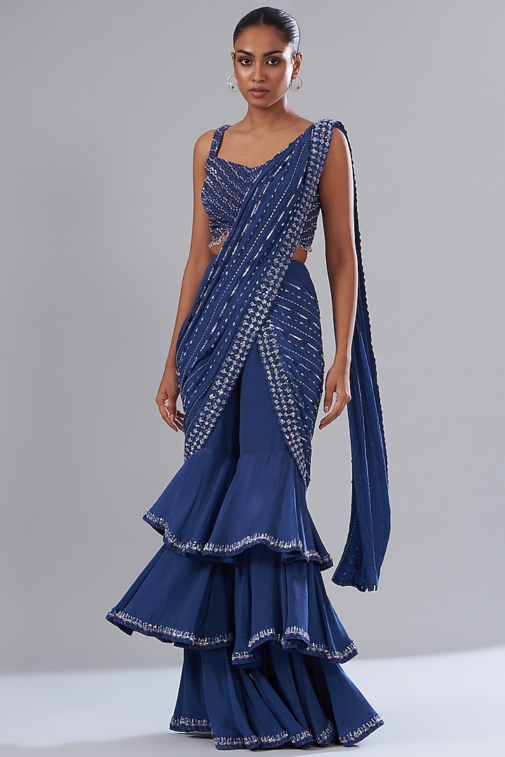 Blue Crepe & Raw Silk Embroidered Draped Saree Set by Disha Patil