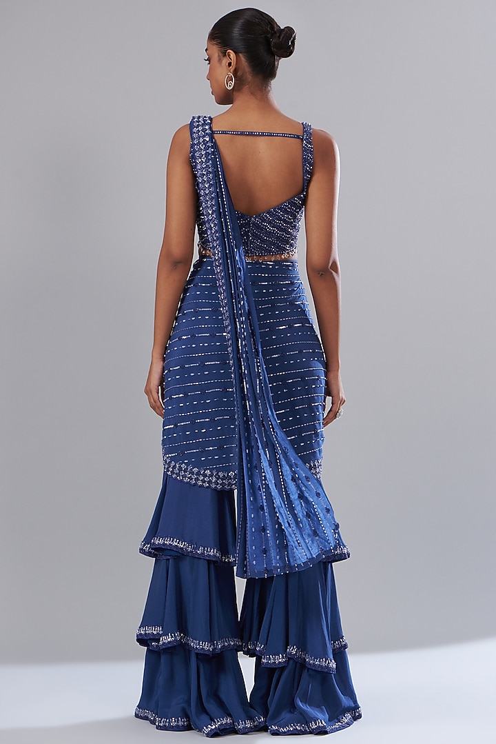 Blue Crepe & Raw Silk Embroidered Draped Wedding Saree Set by Disha Patil at Pernia's Pop Up Shop