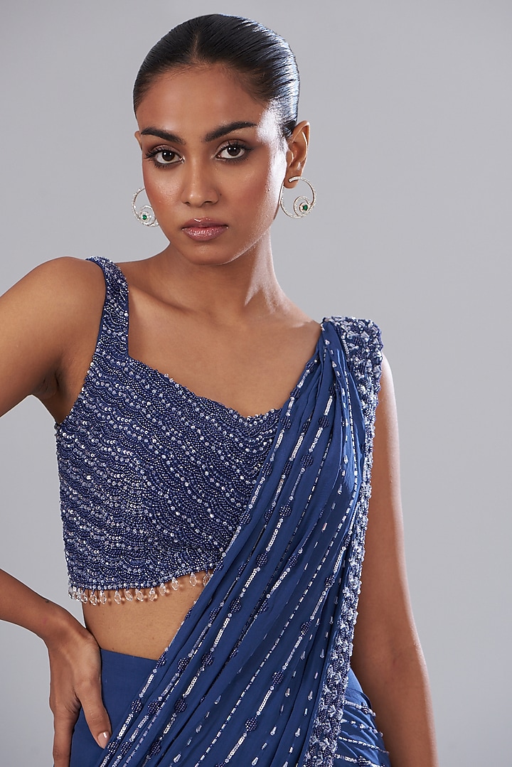 Blue Crepe & Raw Silk Embroidered Draped Wedding Saree Set by Disha Patil at Pernia's Pop Up Shop