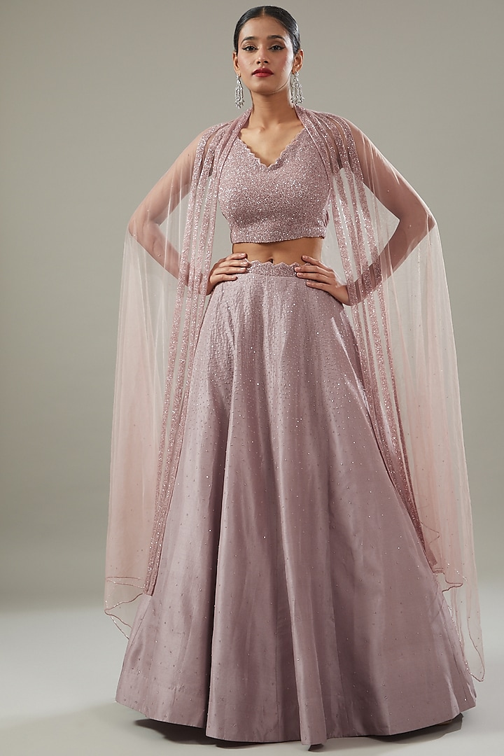 Mauve Dupion Silk Embellished Wedding Lehenga Set by Disha Patil at Pernia's Pop Up Shop