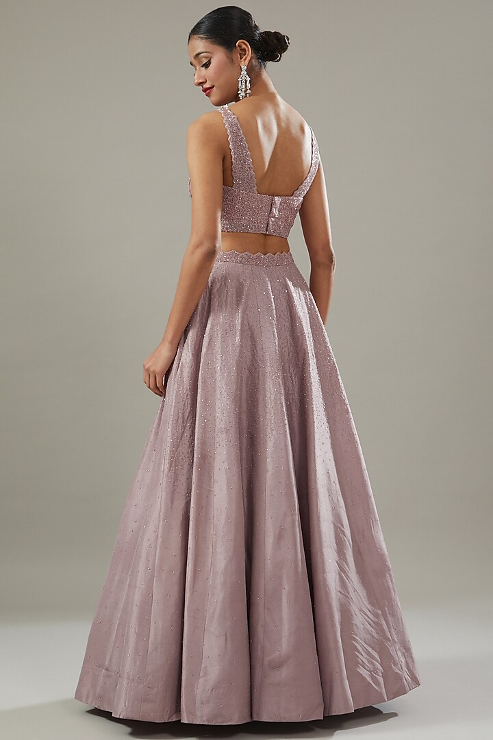 Mauve Dupion Silk Embellished Wedding Lehenga Set by Disha Patil at Pernia's Pop Up Shop