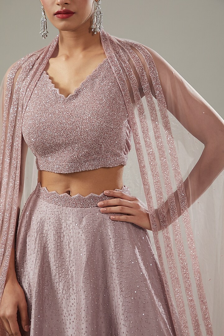 Mauve Dupion Silk Embellished Wedding Lehenga Set by Disha Patil at Pernia's Pop Up Shop