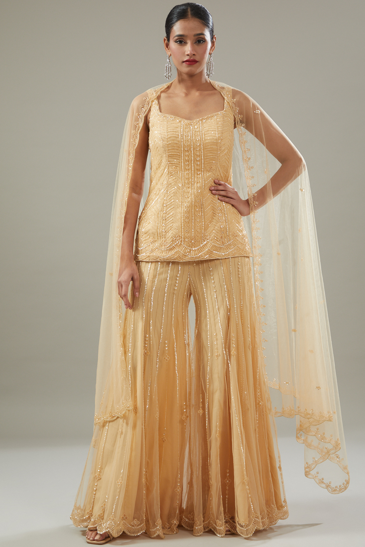 Beige Net Bridal Sharara Set by Disha Patil at Pernia's Pop Up Shop