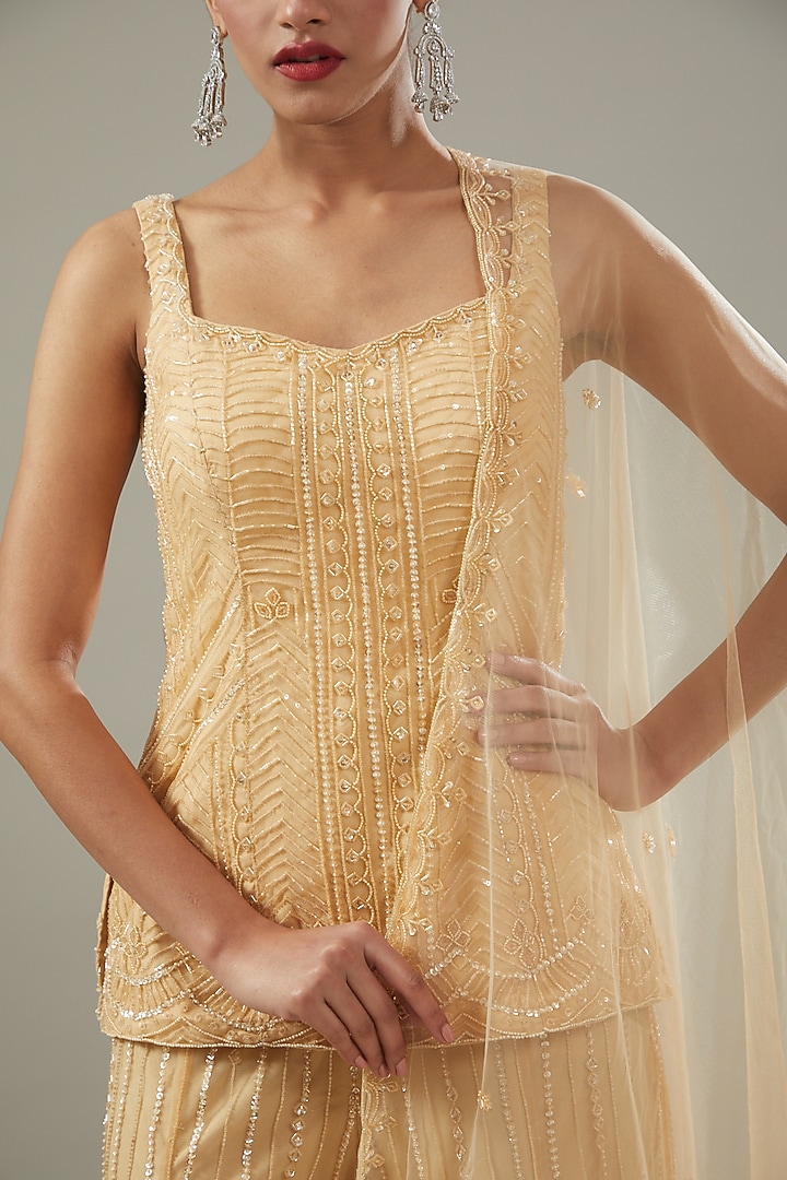 Beige Net Bridal Sharara Set by Disha Patil at Pernia's Pop Up Shop