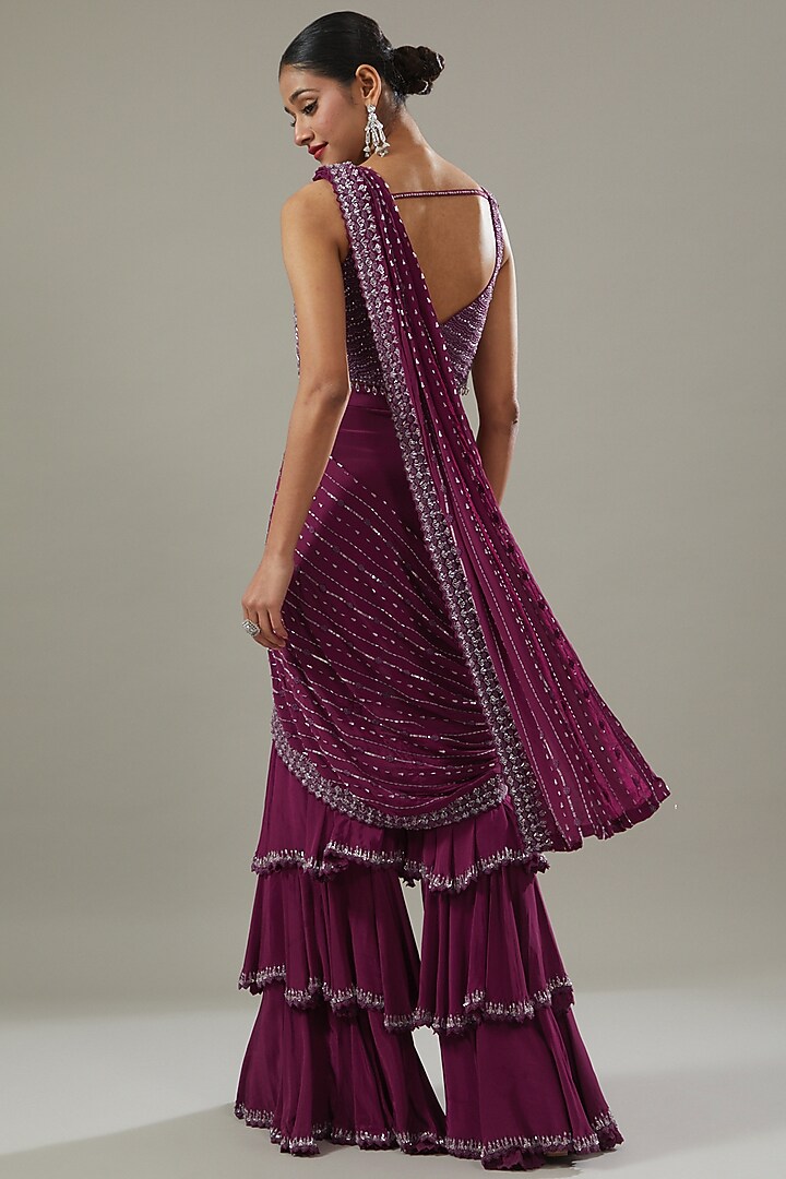 Burgundy Crepe Embellished Pant Wedding Saree Set by Disha Patil at Pernia's Pop Up Shop