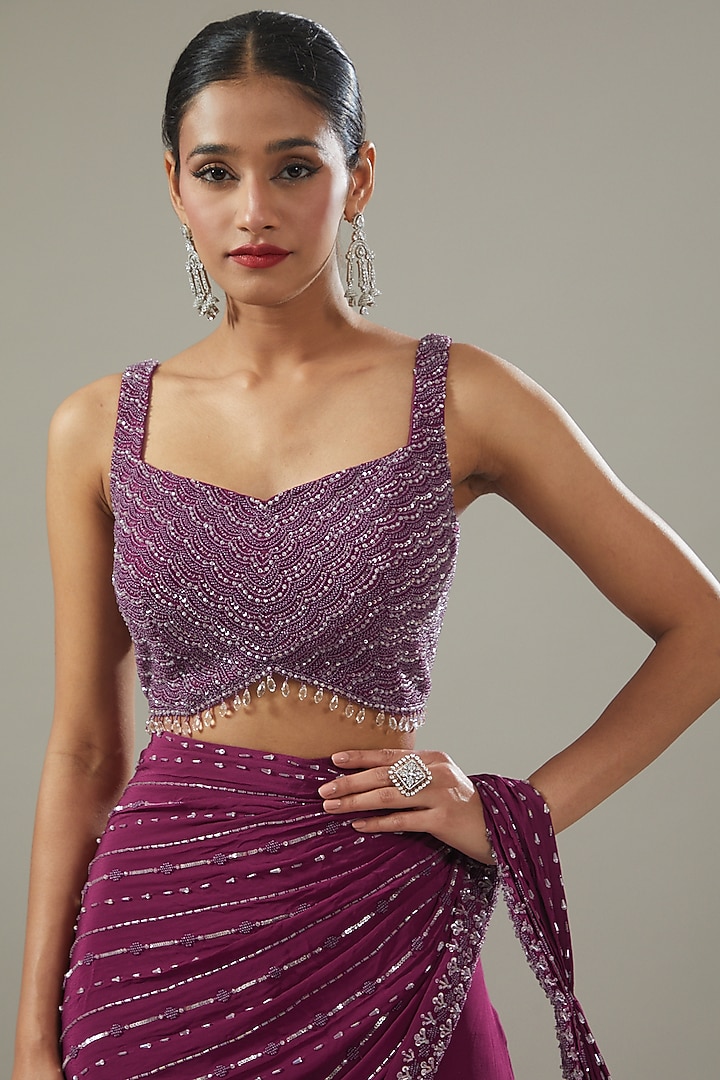 Burgundy Crepe Embellished Pant Wedding Saree Set by Disha Patil at Pernia's Pop Up Shop
