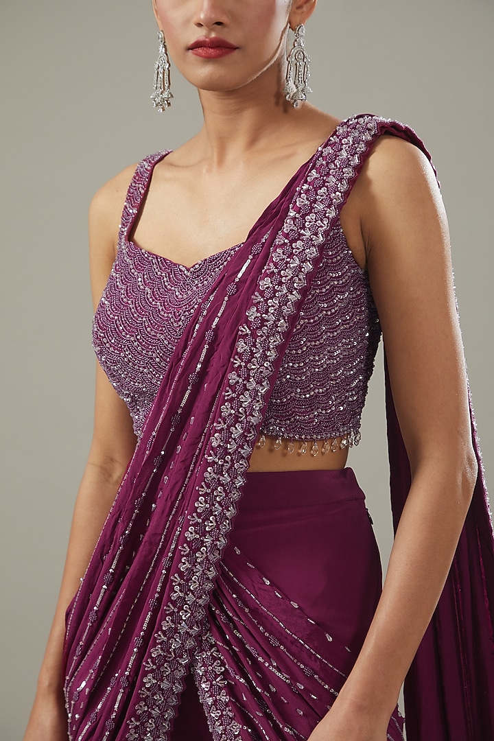 Burgundy Crepe Embellished Pant Wedding Saree Set by Disha Patil at Pernia's Pop Up Shop