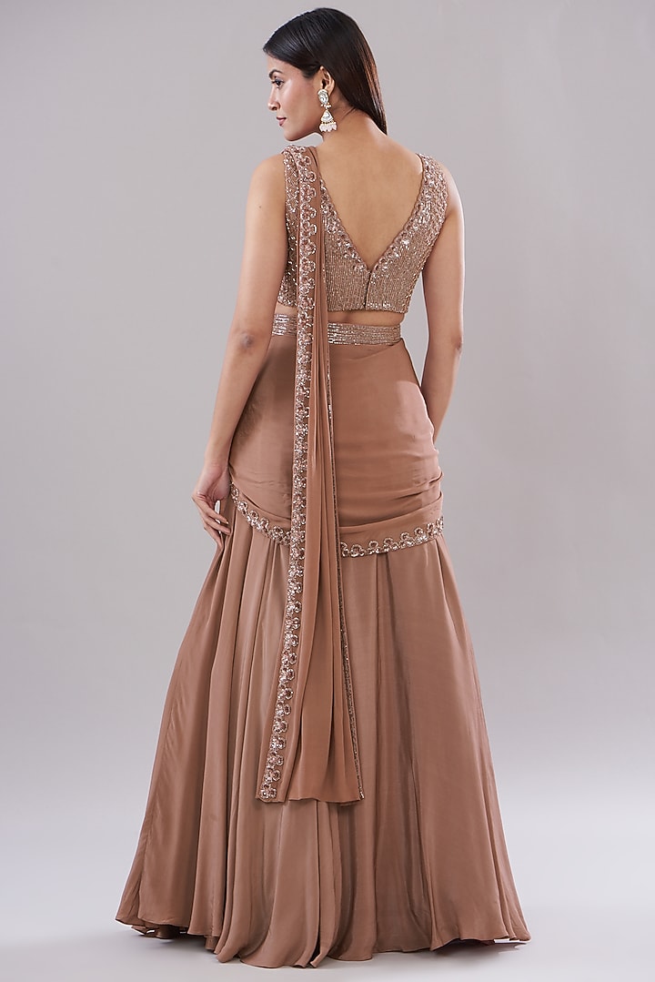 Mauve Crepe Hand Embroidered Draped Skirt Wedding Saree Set by Disha Patil at Pernia's Pop Up Shop