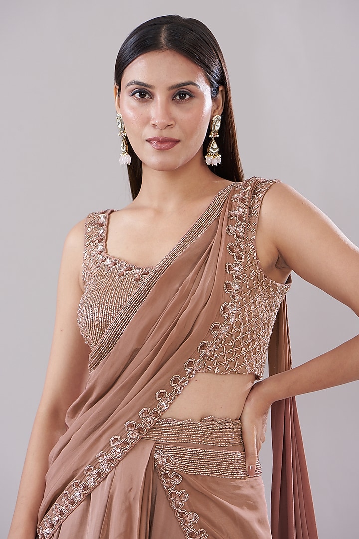 Mauve Crepe Hand Embroidered Draped Skirt Wedding Saree Set by Disha Patil at Pernia's Pop Up Shop