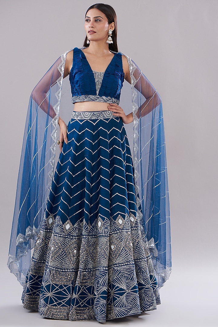 red lip blue dress Indian Bridal Dress in Blue Lehenga and Choli Style LARGE
