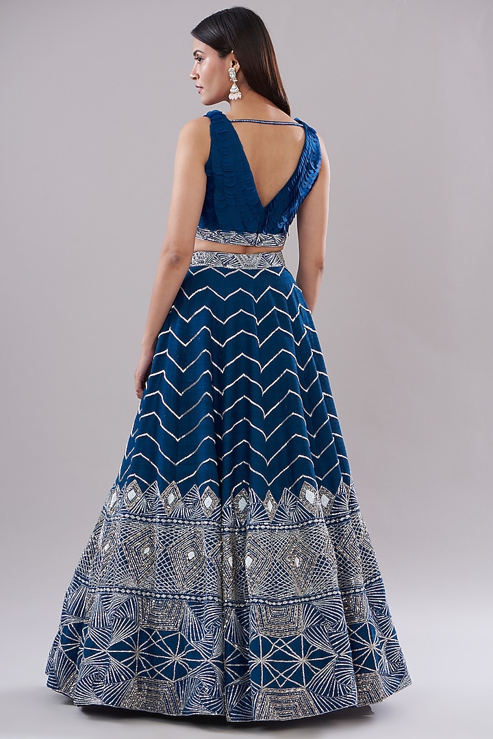 Blue Raw Silk Hand Embroidered Bridal Lehenga Set by Disha Patil at Pernia's Pop Up Shop