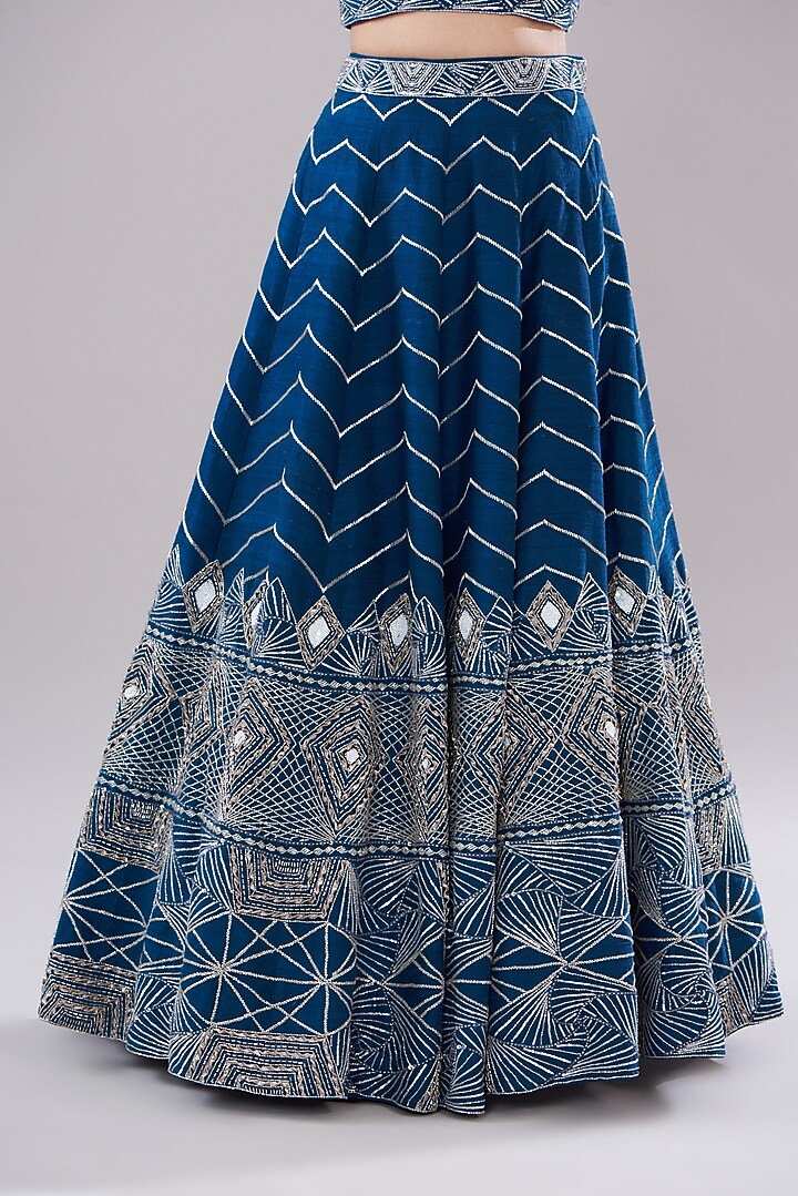Blue Raw Silk Hand Embroidered Bridal Lehenga Set by Disha Patil at Pernia's Pop Up Shop