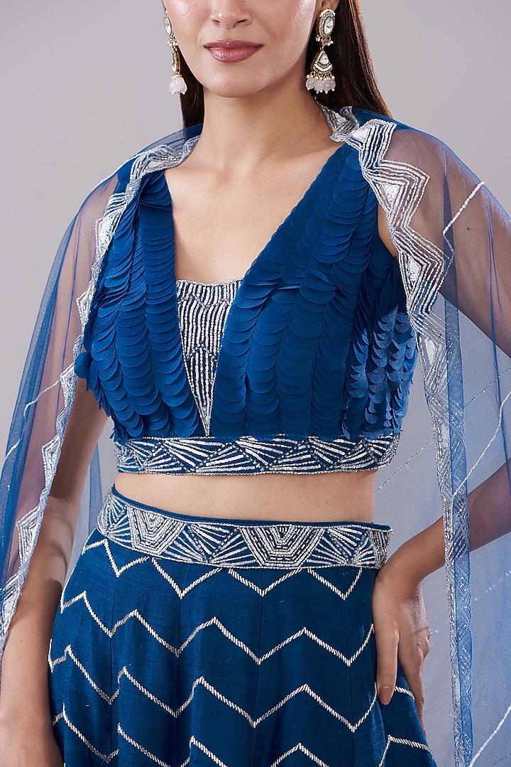 Blue Raw Silk Hand Embroidered Bridal Lehenga Set by Disha Patil at Pernia's Pop Up Shop