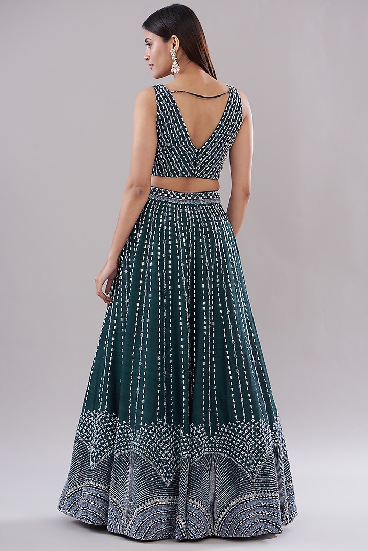 Green Raw Silk Hand Embroidered Bridal Lehenga Set by Disha Patil at Pernia's Pop Up Shop