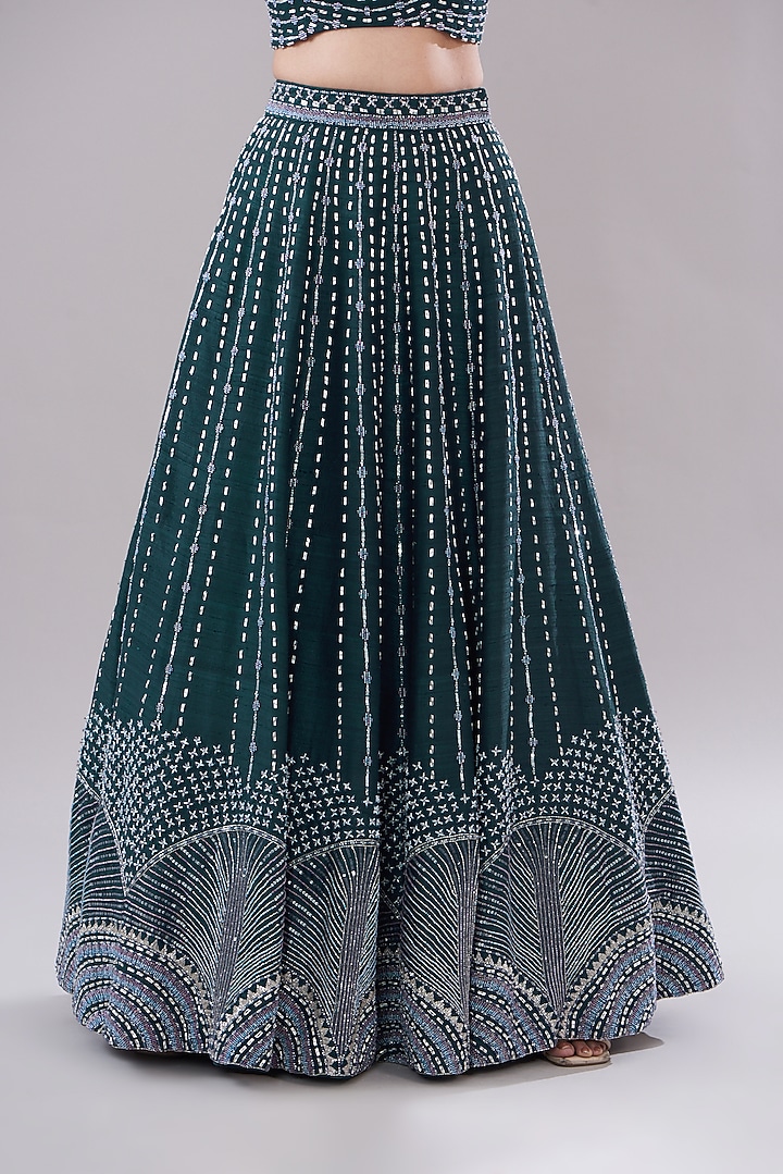 Green Raw Silk Hand Embroidered Bridal Lehenga Set by Disha Patil at Pernia's Pop Up Shop