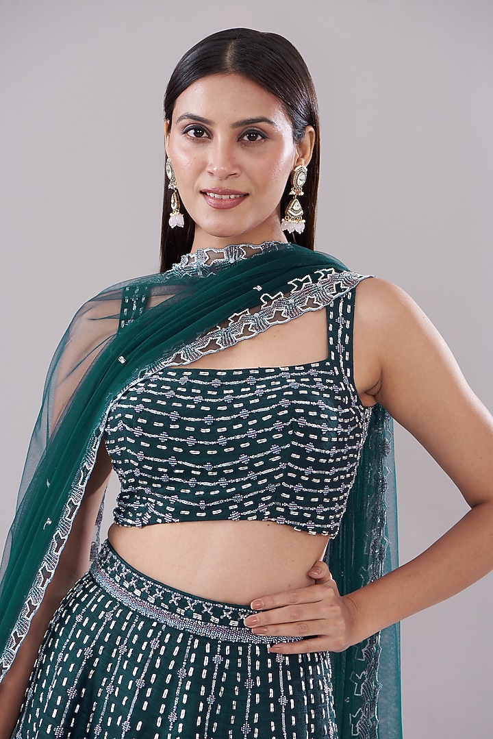 Green Raw Silk Hand Embroidered Bridal Lehenga Set by Disha Patil at Pernia's Pop Up Shop