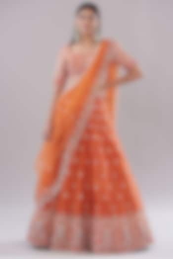 Rust Orange Raw Silk Hand Embroidered Bridal Lehenga Set by Disha Patil at Pernia's Pop Up Shop