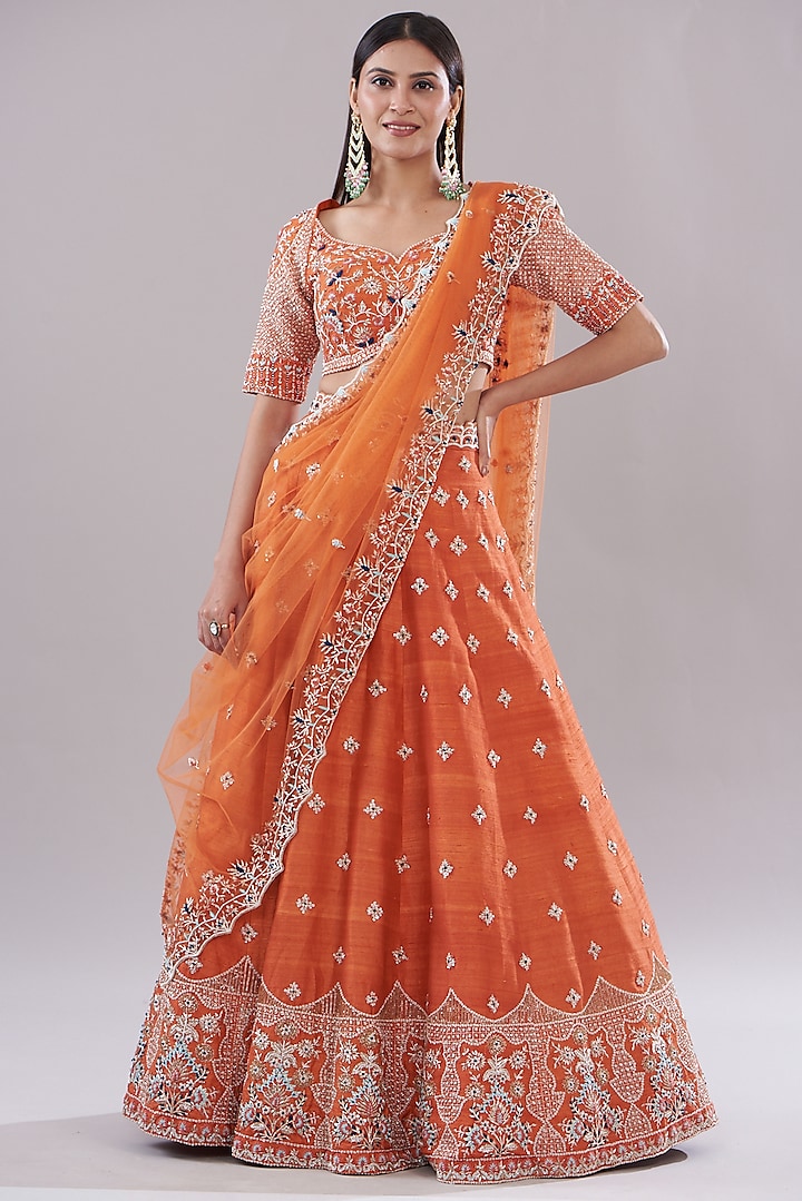 Rust Orange Raw Silk Hand Embroidered Bridal Lehenga Set by Disha Patil at Pernia's Pop Up Shop