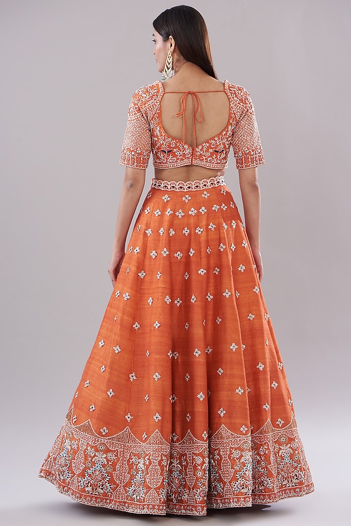 Rust Orange Raw Silk Hand Embroidered Bridal Lehenga Set by Disha Patil at Pernia's Pop Up Shop