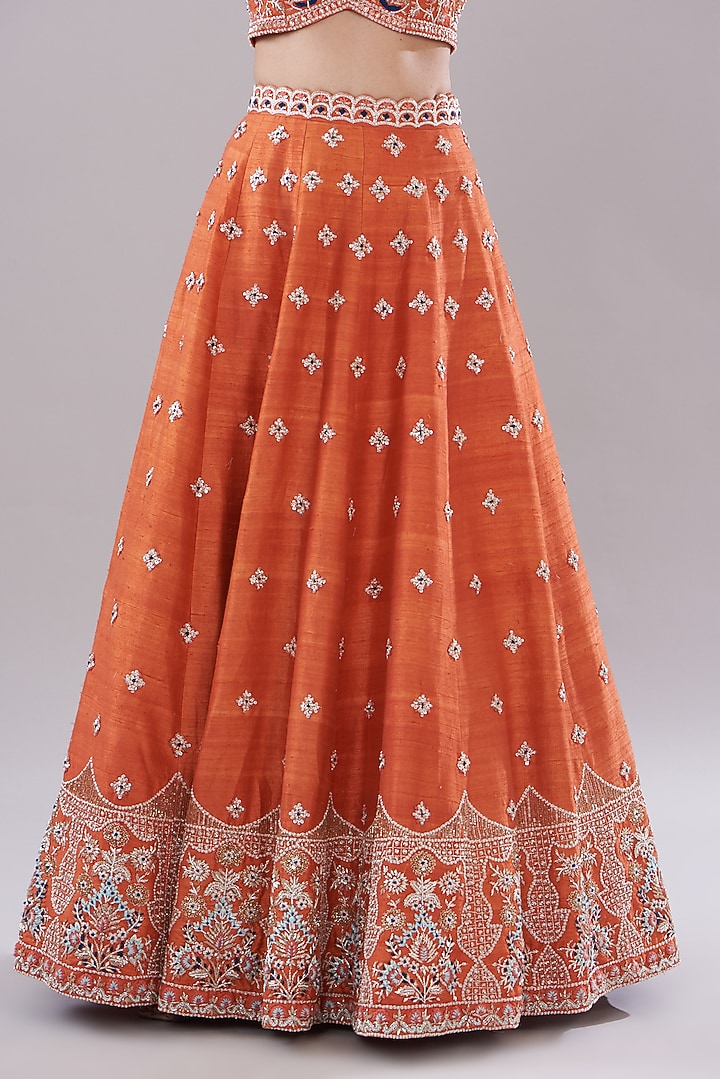 Rust Orange Raw Silk Hand Embroidered Bridal Lehenga Set by Disha Patil at Pernia's Pop Up Shop