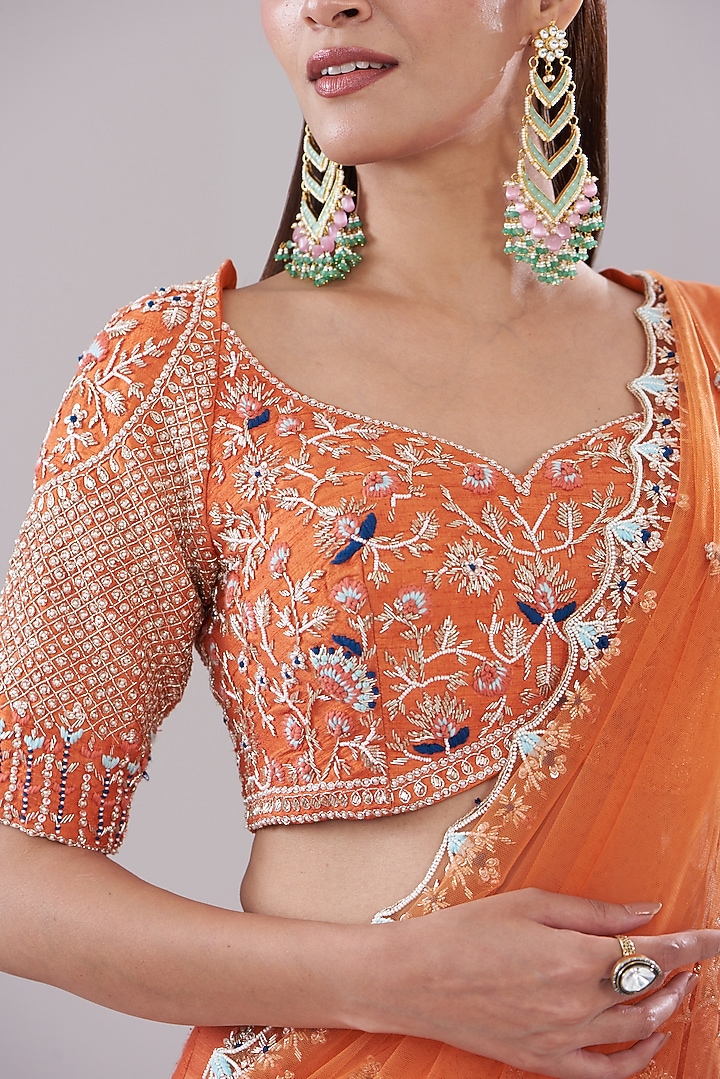 Rust Orange Raw Silk Hand Embroidered Bridal Lehenga Set by Disha Patil at Pernia's Pop Up Shop