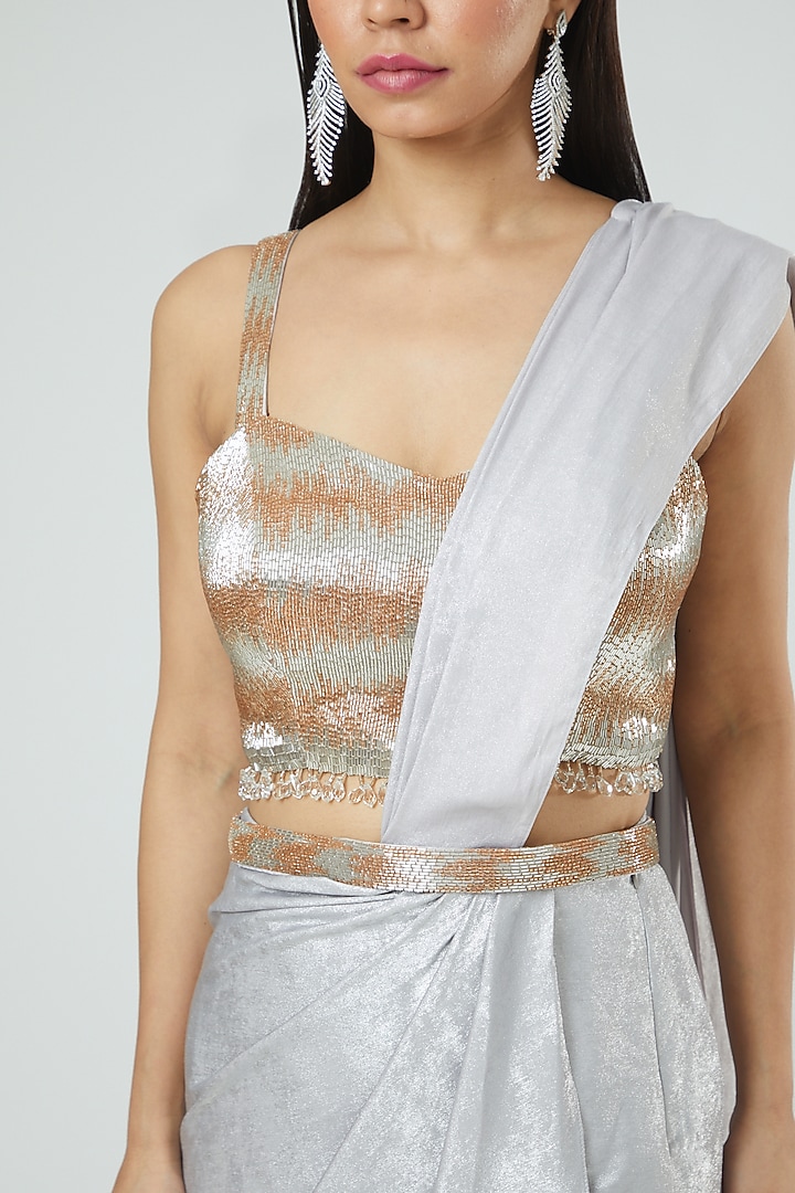 Silver Shimmer Fabric Draped Wedding Saree Set by Disha Patil at Pernia's Pop Up Shop