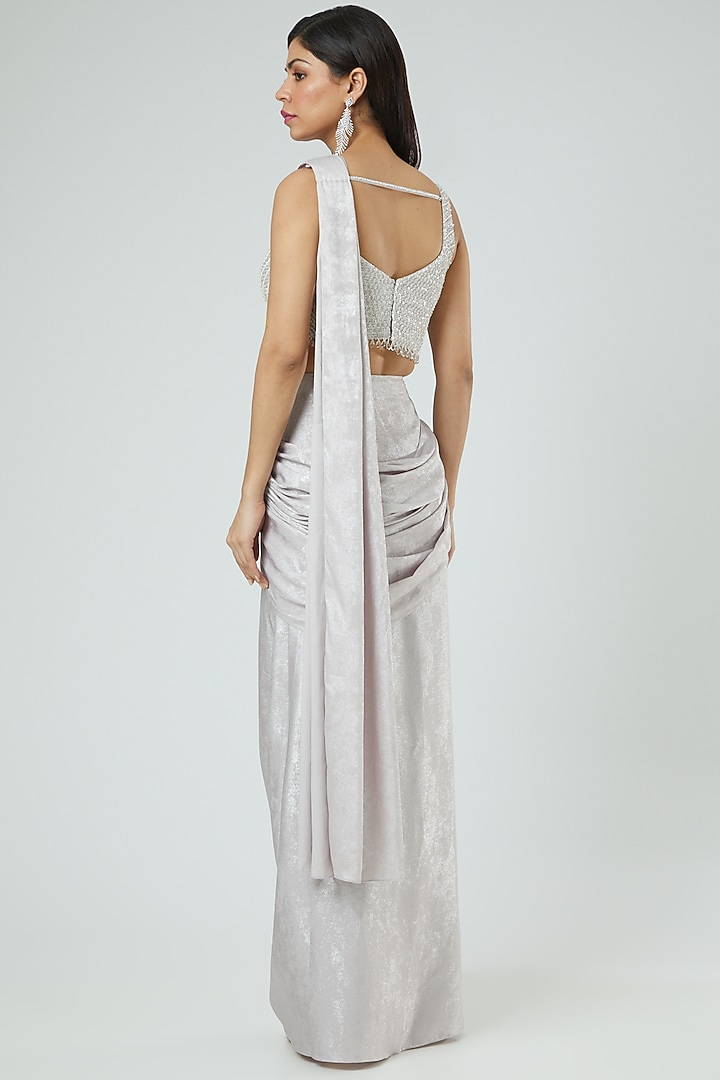 Silver Shimmer Fabric Draped Wedding Saree Set by Disha Patil at Pernia's Pop Up Shop