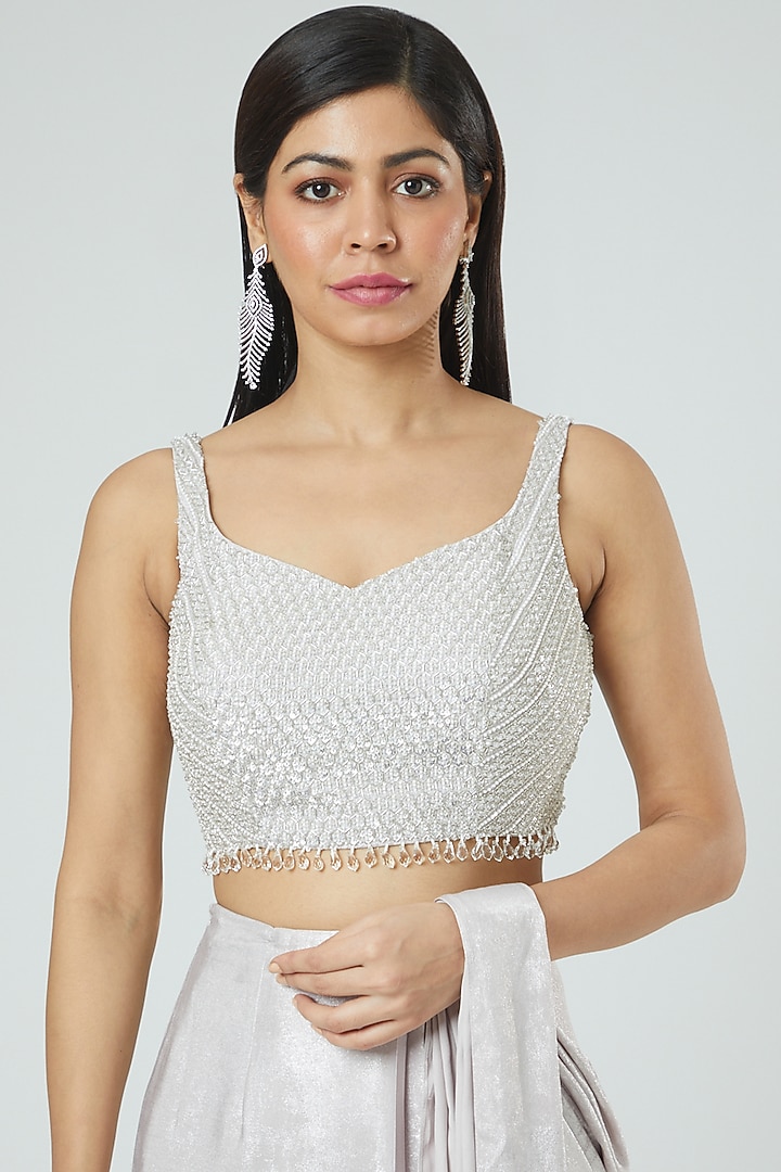Silver Shimmer Fabric Draped Wedding Saree Set by Disha Patil at Pernia's Pop Up Shop