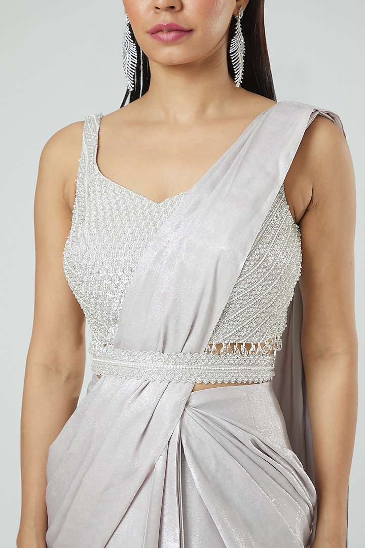 Silver Shimmer Fabric Draped Wedding Saree Set by Disha Patil at Pernia's Pop Up Shop