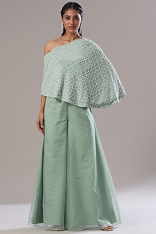 Mint Green Dupion Silk Cape Set by Disha Patil