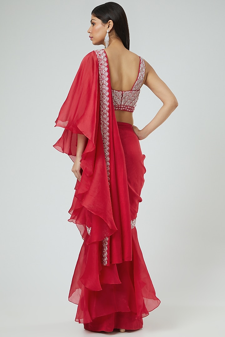 Cherry Red Dupion & Organza Sequins Embroidered Draped Wedding Saree Set by Disha Patil at Pernia's Pop Up Shop