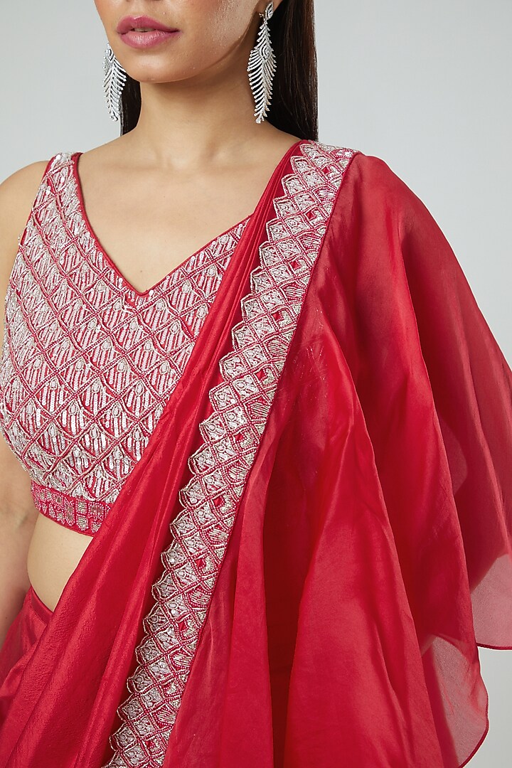 Cherry Red Dupion & Organza Sequins Embroidered Draped Wedding Saree Set by Disha Patil at Pernia's Pop Up Shop