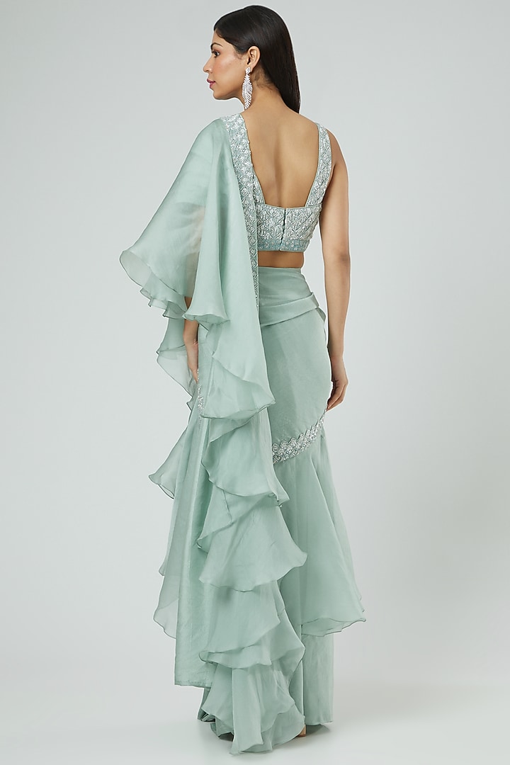 Sage Green Embroidered Draped Wedding Saree Set by Disha Patil at Pernia's Pop Up Shop